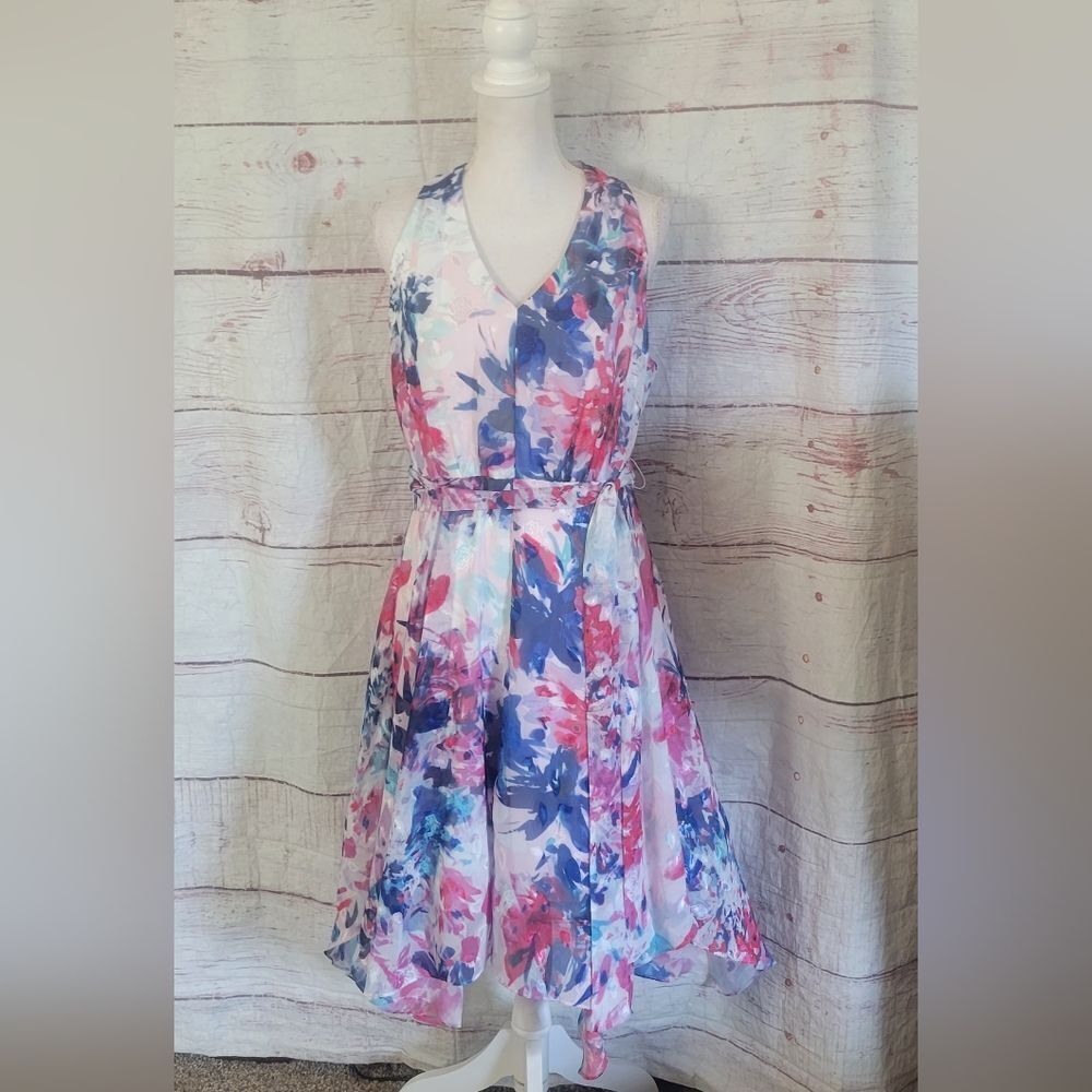 Donna Karan Floral V-Neck Sleeveless Fit-and-Flare Dress in White, Pink & Blue